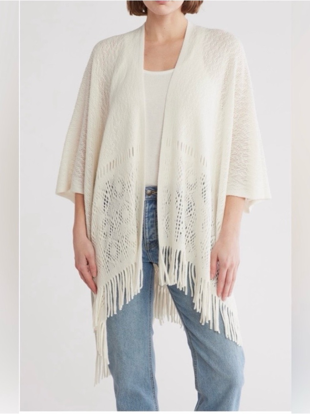 NWT! Vince Camuto Ivory Knit Kimono, Overlay Wrap with Fringe OSFM